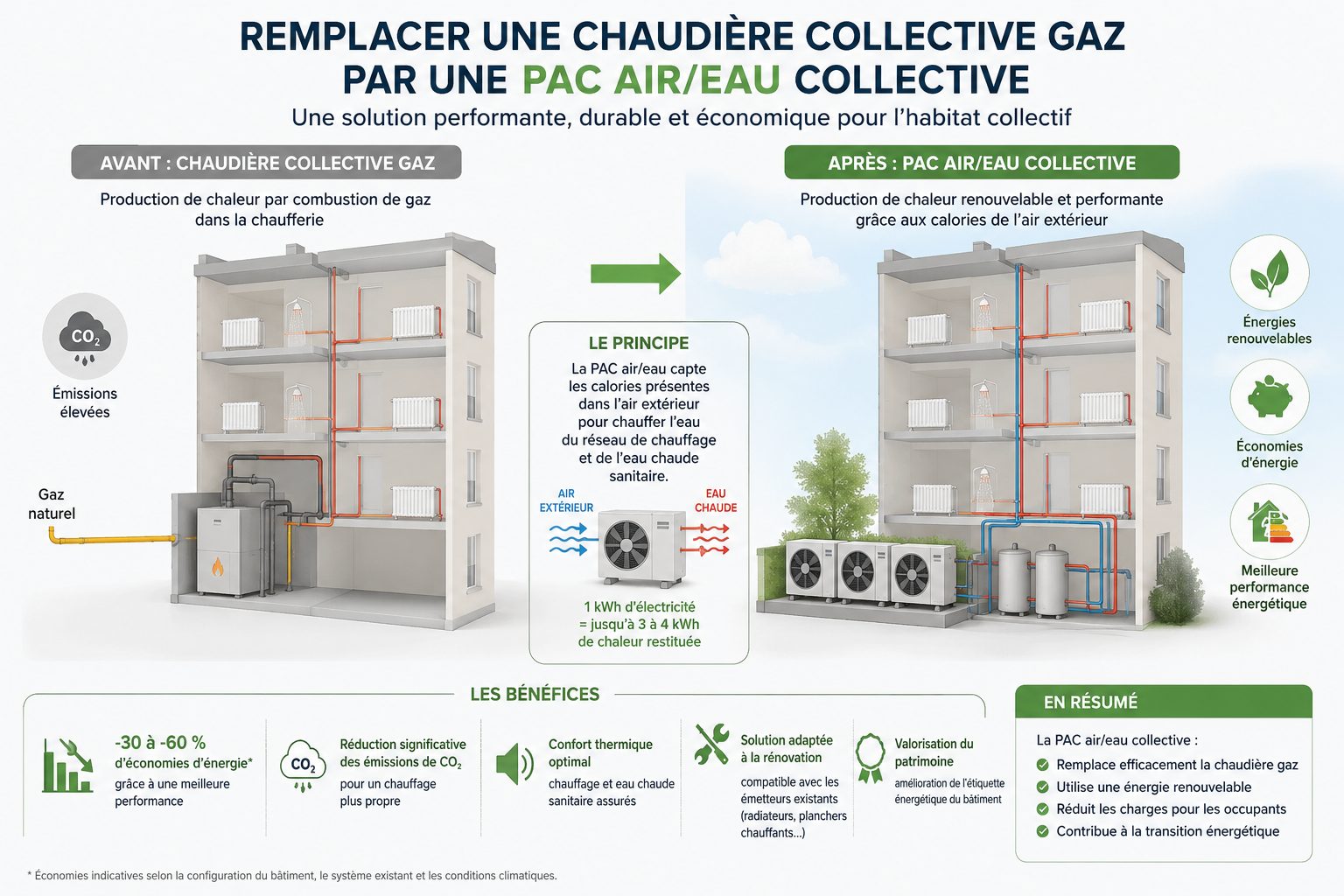 Schéma avant/après : remplacement d'une chaudière collective gaz par une pompe à chaleur air-eau collective — principe de fonctionnement et bénéfices